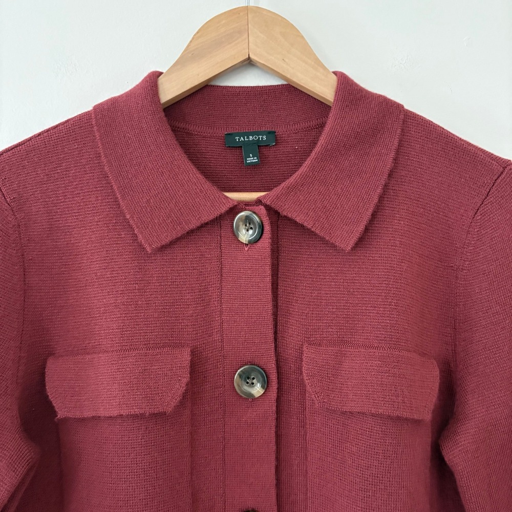 Talbots Cardigan Jacket S Burgundy Red Wool Blend Button Front Shacket Pocket - Picture 3 of 9